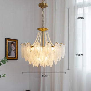 Kristy - Glass Feather Round White Glass Gold Frame Ceiling Light Chandelier
