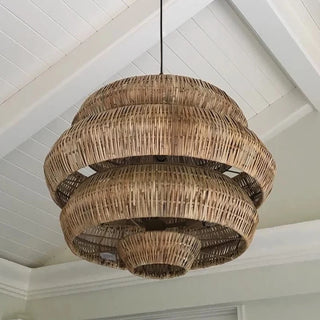 Lisette - 3 Tiers Adjustable Height Hanging Light with Rattan Shade & Midnight Black Fixture