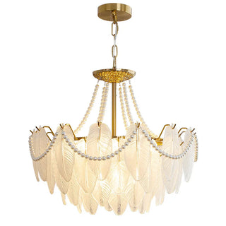 Kristy - Glass Feather Round White Glass Gold Frame Ceiling Light Chandelier