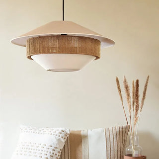 Wakiso - Vintage Hemp Rope Japanese Round Double Shade White Hand Woven Ceiling Light