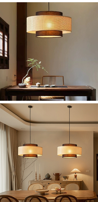 Kheesa - Layered Perforated Woven Cylindrical Hanging Pendant Ceiling Light