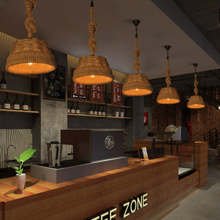 Glynn - Vintage Hemp Rope Round Black Frame Hanging Ceiling Light