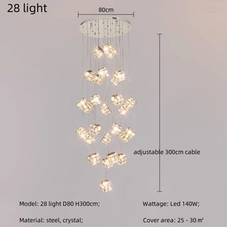Celeste - Modern Statement Multi Head Chrome Square Crystal Spiral Chandelier