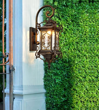 Helen - Rustic Water Glass Wall Sconce with Metal Scrolled Arm, Single Bulb Coffee Lantern