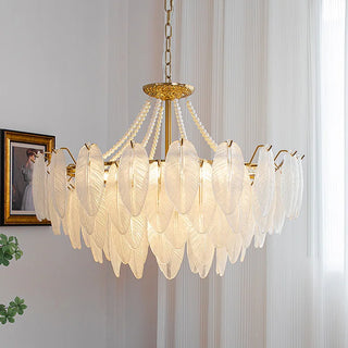 Kristy - Glass Feather Round White Glass Gold Frame Ceiling Light Chandelier