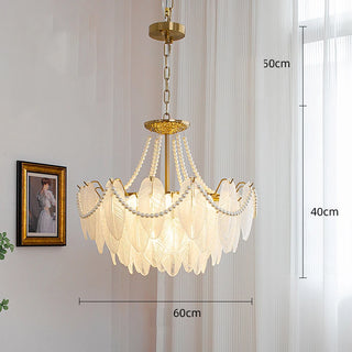 Kristy - Glass Feather Round White Glass Gold Frame Ceiling Light Chandelier