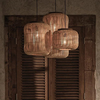 Nora - Retro Rattan Squashed Round Ceiling Light
