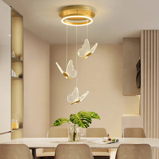 Cemre - Gold LED Butterfly Hanging Round Gold Base Dimmable Chandelier