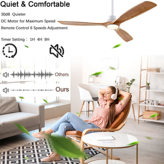 Zenya - 42/52/60Inch Natural Wood Silent 3 Blade Ceiling Fan Remote Control