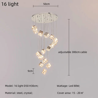 Celeste - Modern Statement Multi Head Chrome Square Crystal Spiral Chandelier