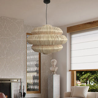 Lisette - 3 Tiers Adjustable Height Hanging Light with Rattan Shade & Midnight Black Fixture
