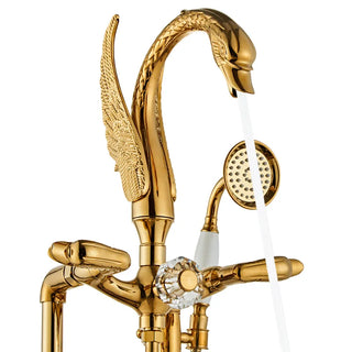 Corella - Freestanding Floor Gold Swan Bathtub Tap with Handheld Shower
