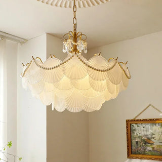 Kristy - Glass Feather Round White Glass Gold Frame Ceiling Light Chandelier