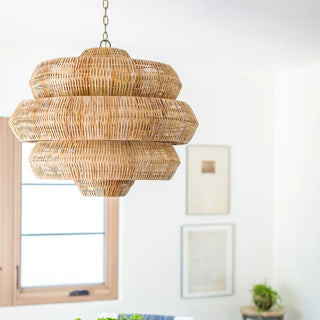 Lisette - 3 Tiers Adjustable Height Hanging Light with Rattan Shade & Midnight Black Fixture