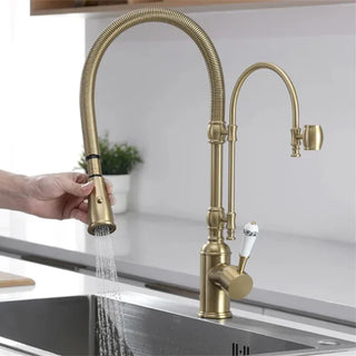Dorene - Gold Brass Porcelain Pull Down Dual Mixer Kitchen Tap