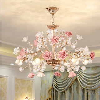 Luma - Luxury Ceramic Pink Flower Rose Crystal Hanging Ceiling Chandelier