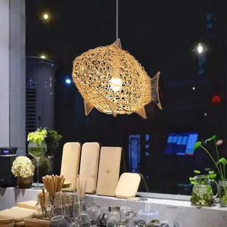Azure - Modern Wavy Hand Woven Rattan Fish Pendant Ceiling Light