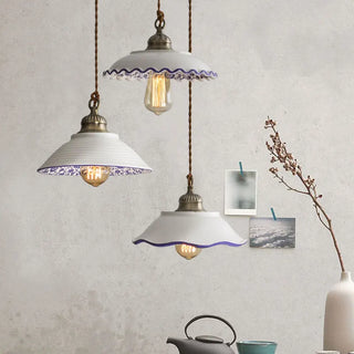 Odense - Ceramic Round White & Blue Vintage Hanging Ceiling Pendant Light