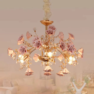 Luma - Luxury Ceramic Pink Flower Rose Crystal Hanging Ceiling Chandelier