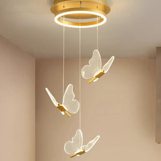 Cemre - Gold LED Butterfly Hanging Round Gold Base Dimmable Chandelier