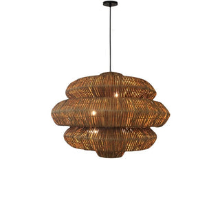 Lisette - 3 Tiers Adjustable Height Hanging Light with Rattan Shade & Midnight Black Fixture