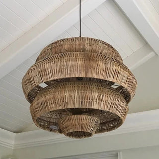 Lisette - 3 Tiers Adjustable Height Hanging Light with Rattan Shade & Midnight Black Fixture