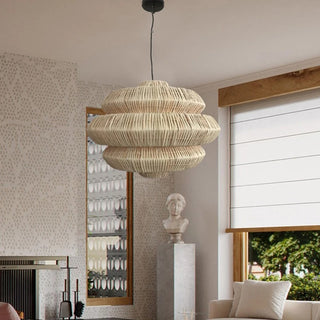 Lisette - 3 Tiers Adjustable Height Hanging Light with Rattan Shade & Midnight Black Fixture