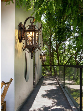 Helen - Rustic Water Glass Wall Sconce with Metal Scrolled Arm, Single Bulb Coffee Lantern